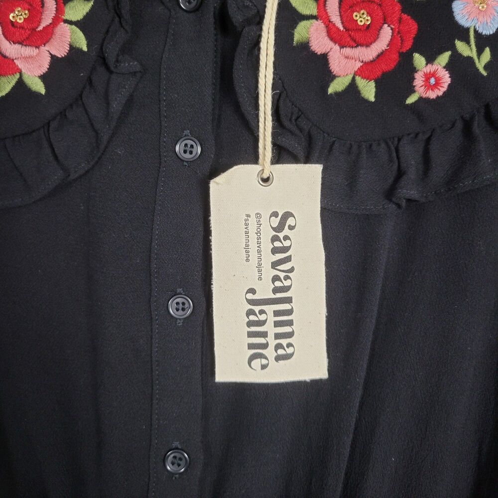 SAVANNA JANE Black Floral Embroidery Peter Pan Collar Top Twee Modest SIZE SMALL - Picture 3 of 14